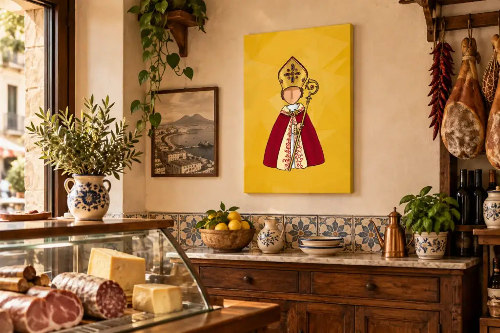 Mockup di San Gennaro giallo in una salumeria napoletana con banco e arredi in legno