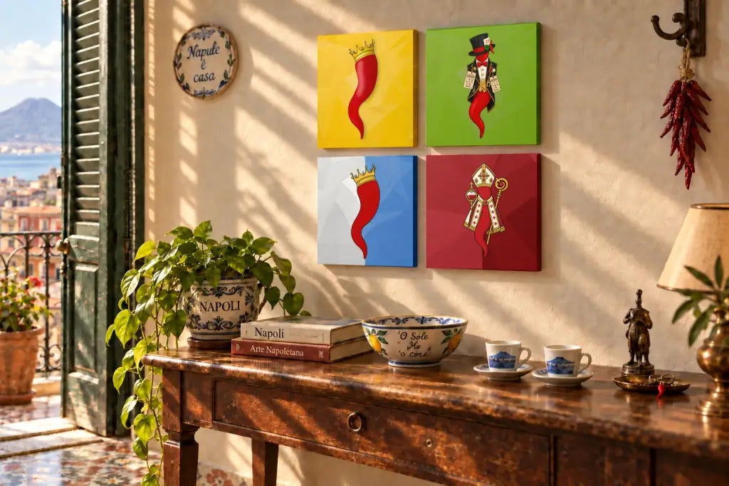 I quattro disegni originali del PSD Corni, disposti due sopra e due sotto nella casa napoletana