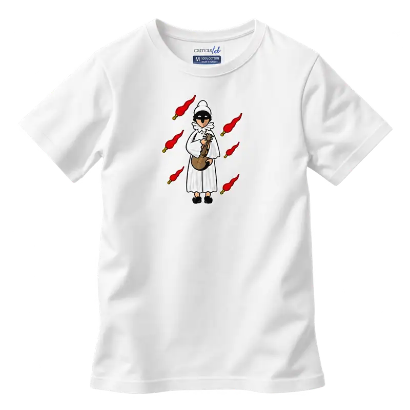 T-shirt bianca con Pulcinella e corni rossi