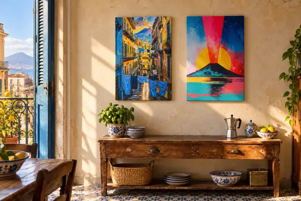 Lienzos Quartieri Spagnoli y Vesuvio Canvas Pop en una misma pared de ambiente napolitano