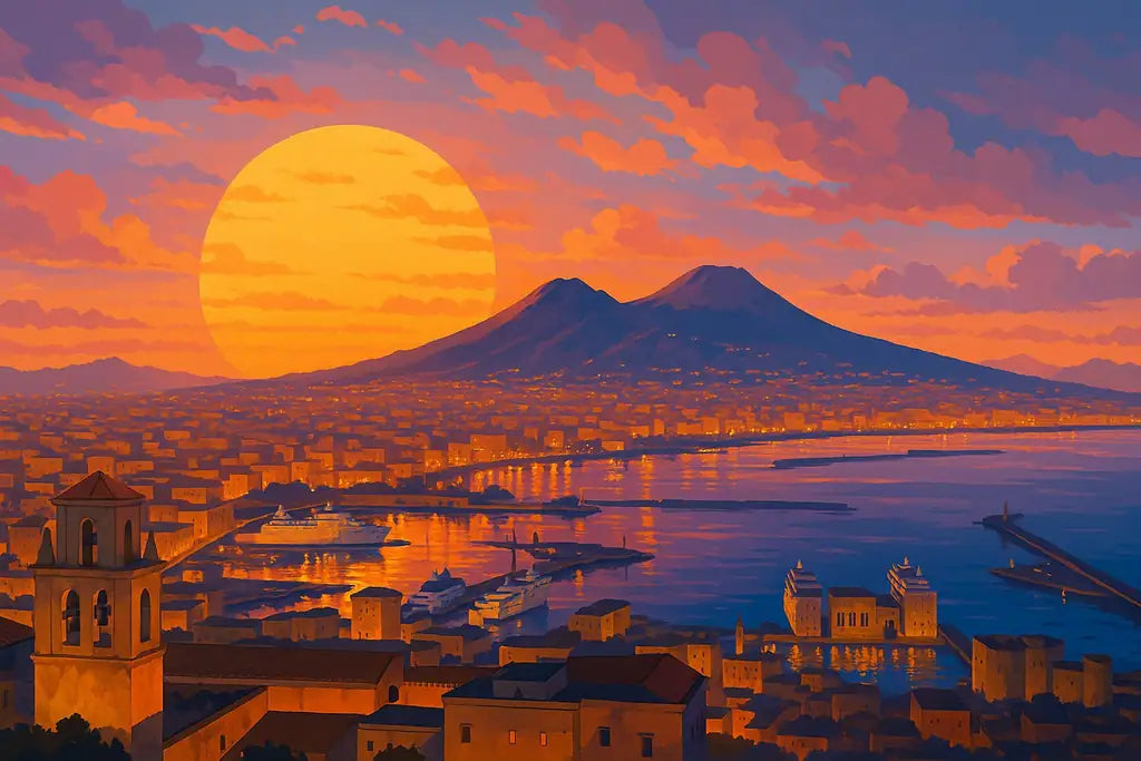 Tramonto illustrato sul golfo di Napoli, con il sole e il Vesuvio