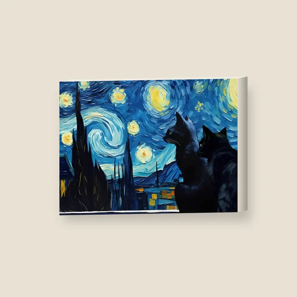 La Notte Stellata di Van Gogh con Gatti — stampa su tela, con telaio in legno
