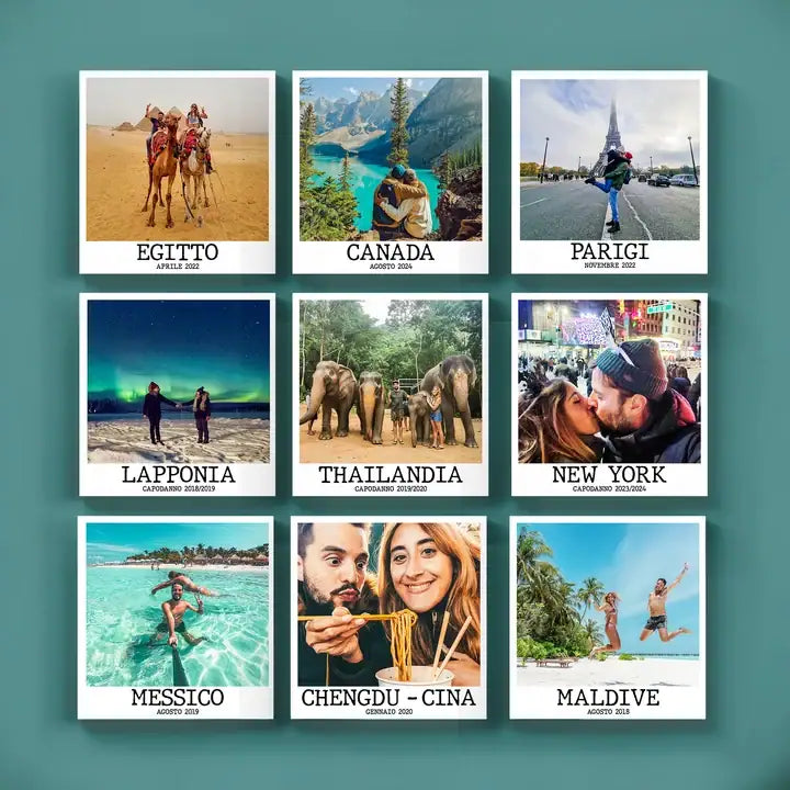 Composizione di nove Polaroid Canvas personalizzate con foto e titoli di viaggio